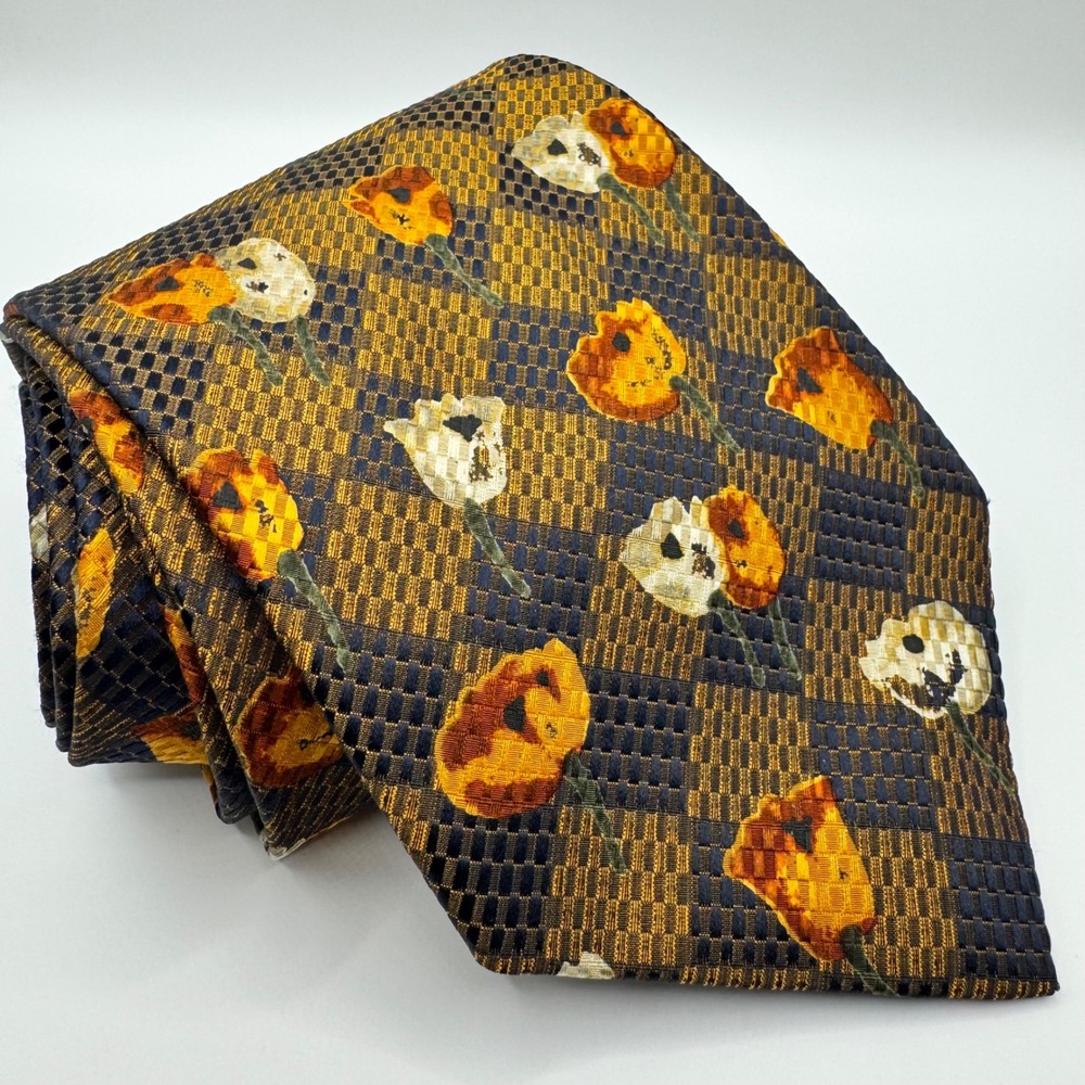Ermenegildo Zegna Silk Tie Mens Blue Gold Checkered Floral‎ Poppy Luxury Italy